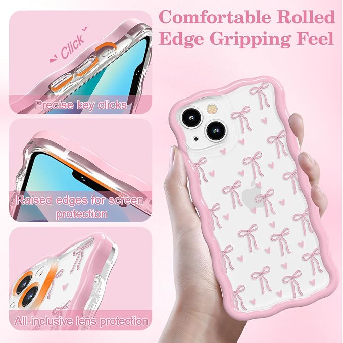QLTYPRI for iPhone 15 Pink Bow Case, Clear Cute Pink Ribbon Bow Phone Case Curly Wavy Aesthetic Phone Cover, Soft Slim Transparent TPU Shockproof Protective Cover for Women Girls - Love Bow - Image 3
