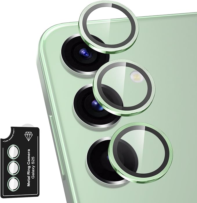 for Samsung Galaxy S25 Camera Lens Protector, Individual Metal Ring Tempered Glass Lens Cover, [Strong Adsorption] Scratch Resistant Ultra-Thin HD Clear Lens Cover, 1 Set-Light Green by Btscase