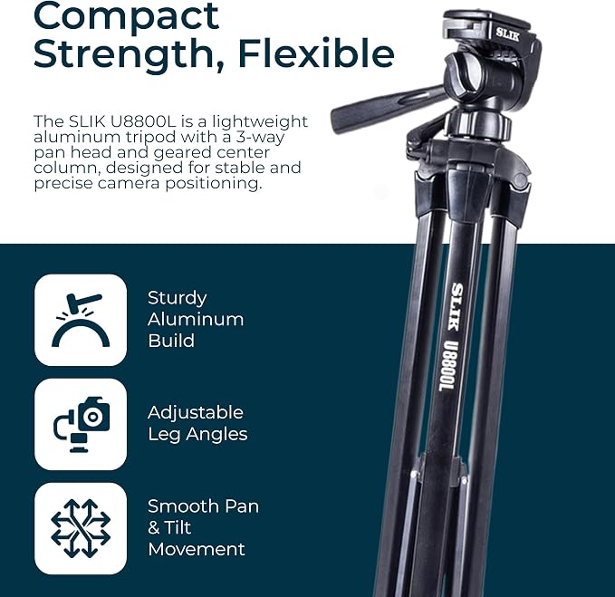 SLIK U8800 Aluminum Tripod Kit w/Inegrated Multi-Action Pan Head 67" Tall (612-051) - Folds Down to 25.6", Weighs 3.4lbs, Supports 9.9lbs, Crank Control Center Column, Great for Photos and Video | 75-inch aluminum tripod with fluid pan head and quick r... - Image 4