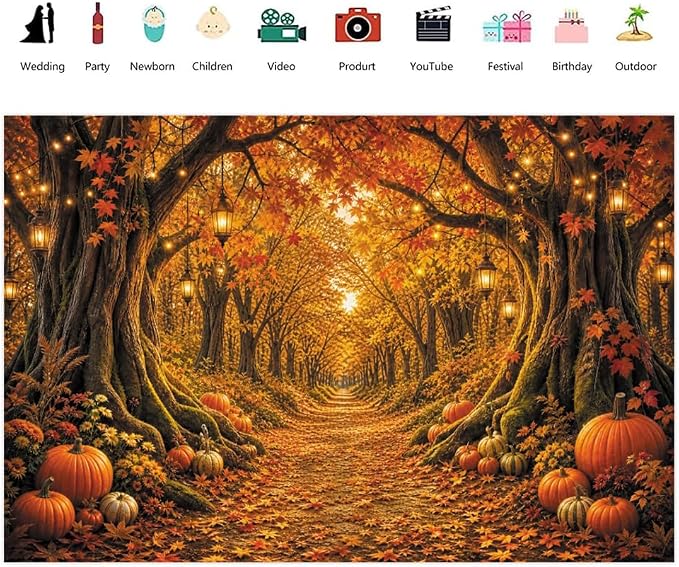 Fall Forest Photo Backdrop 7x5ft Autumn Garden Backdrop for Photography Fall Pumpkin Maple Wonderland Floral Background for Photoshoot Thanksgiving Birthday Photo Booth Props Vinyl - Image 2