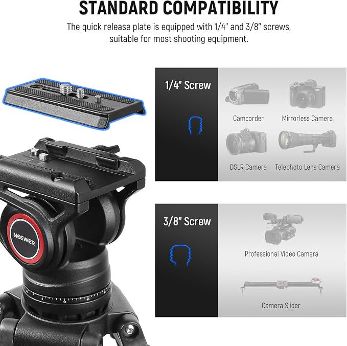 NEEWER 74" Video Tripod with Fluid Head & Damping Control, Aluminum Heavy Duty Camera Stand Professional with QR Plate for DSLR Camcorders for Video Recording, Cleaning Cloth, Max Load 17.6 lbs, TP74 - Image 5