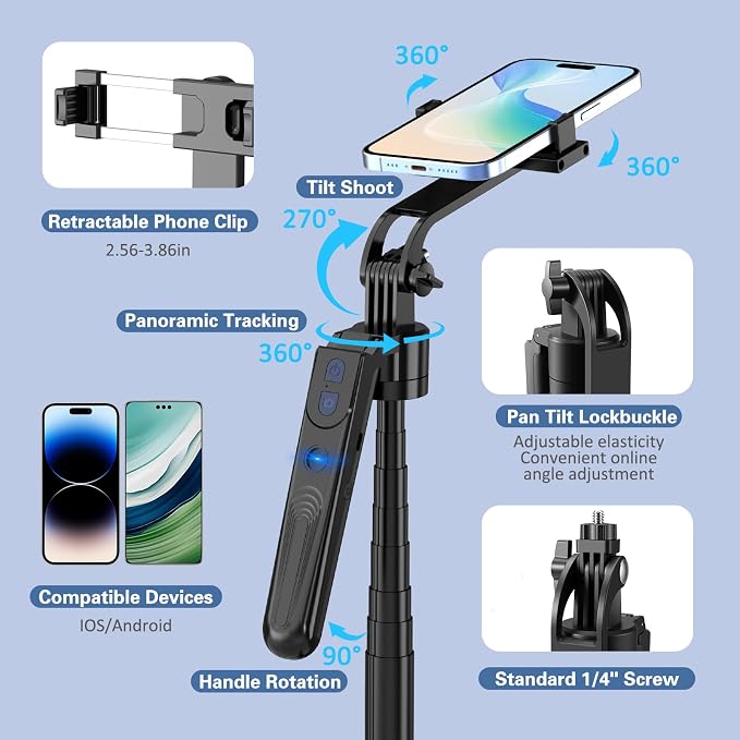 70" Auto Face Tracking Tripod for iPhone,360 Rotation Travel Selfie Stick Stand,Face Tracking Phone Tripod with Light and Remote,Applied to Tiktok YouTube Vlog Video Recording - Image 6