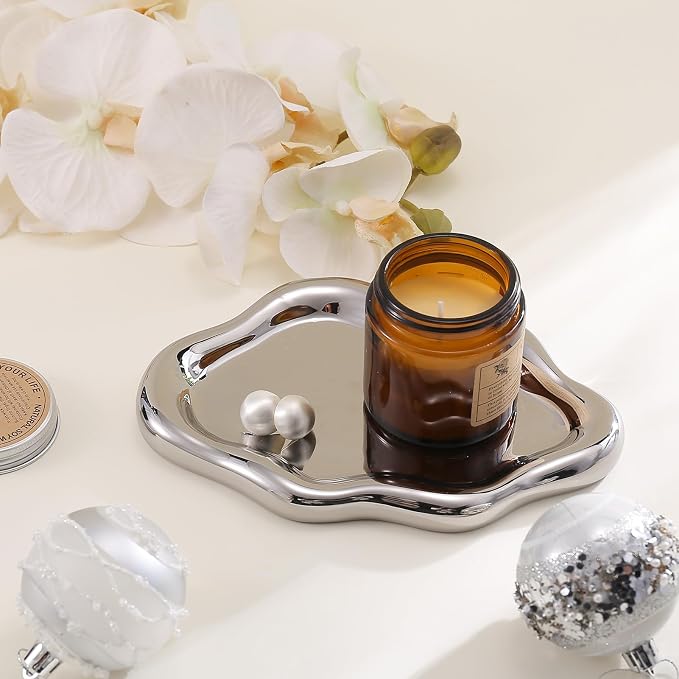 CCINPPY Ceramic Cloud Jewelry Tray Trinket Dish Key Bowl Nightstand Decor | Decorative Small Desk Tray Jewelry Plate Key Holder Bowl Cute Bedroom Room Decor Aesthetic, Gift for Women, Silver Medium - Image 3