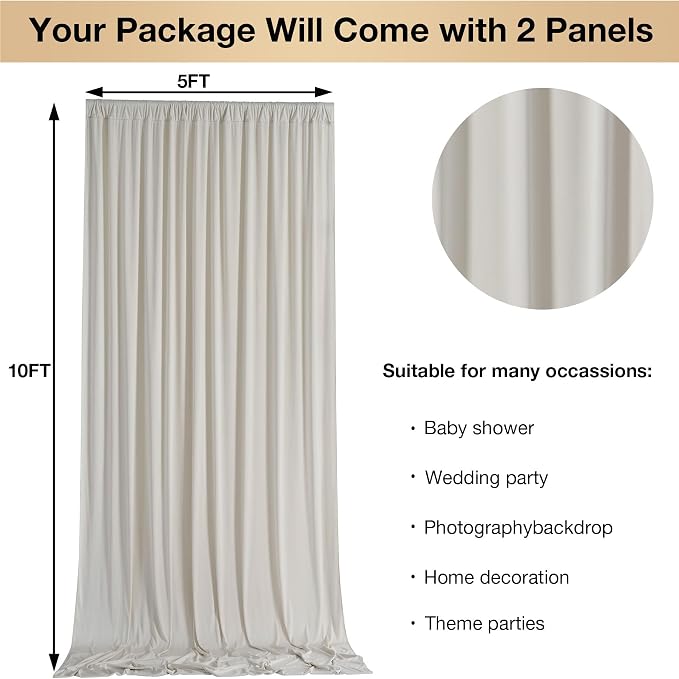 10ftx10ft Wrinkle Free Beige Backdrop Curtains for Parties, Silky Polyester Photo Backdrop Drapes 2 Panels 5x10ft Back Drop Cloth for Wedding Birthday Baby Shower Photography Background - Image 6