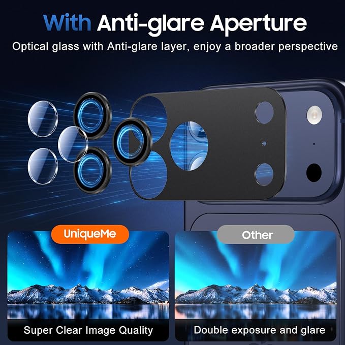 UniqueMe for 3 Pack iPhone 17 Pro Camera Lens Protector - All Black | Drop Protection, Case Friendly, Acrylic Material, Camera Cover Screen, Update New Version - Image 4
