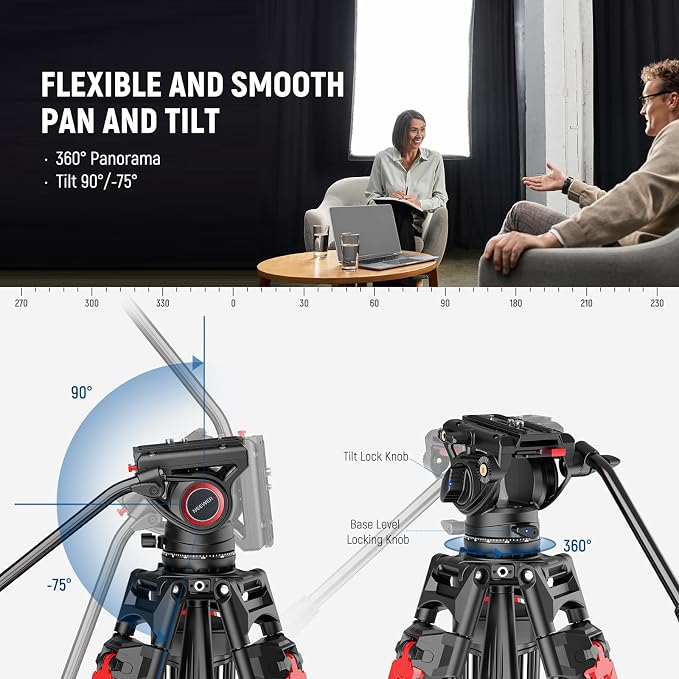 NEEWER 76" Video Camera Tripod with Fluid Head, One Step Quick Release Portable Tripod, Aluminum Heavy Duty Tripod Stand, Dual Mode QR Plate for DSLR Cameras Camcorders, Max Load 17.6lb, LL27 - Image 4