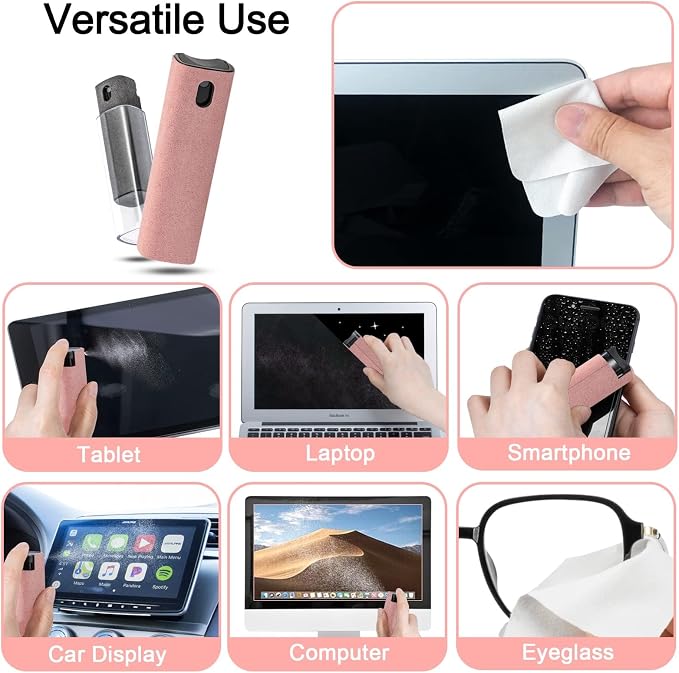 walrfid Screen Cleaner Spray and Wipe for Phone, Tablet, Laptop, 2 Pack | Touchscreen Mist Cleaning Kit for Tablet, PC, Computer, Eyeglass, iPhone, iPad, MacBook and Car Screens, Grey and Pink - Image 5