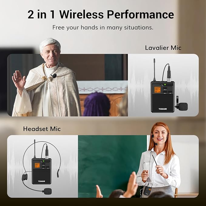 TONOR UHF Wireless Microphone System, 1 Set of Bodypack & Lavalier Mic | UHF Headset Lapel Mic, Rechargeable Receiver, 15 Channels 60 m/200ft Range 1/4" Output for Teaching, Recording ,Tour Guide - Image 4