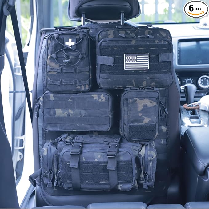 Universal Tactical Car Seat Back Organizer Bag Tactical Molle Vehicle Organizers Panel Vehicle Protector Organizers with 5 Detachable Pouches for Car Truck Ford Jeep (Upgraded C model Black camo) by BXBXHD