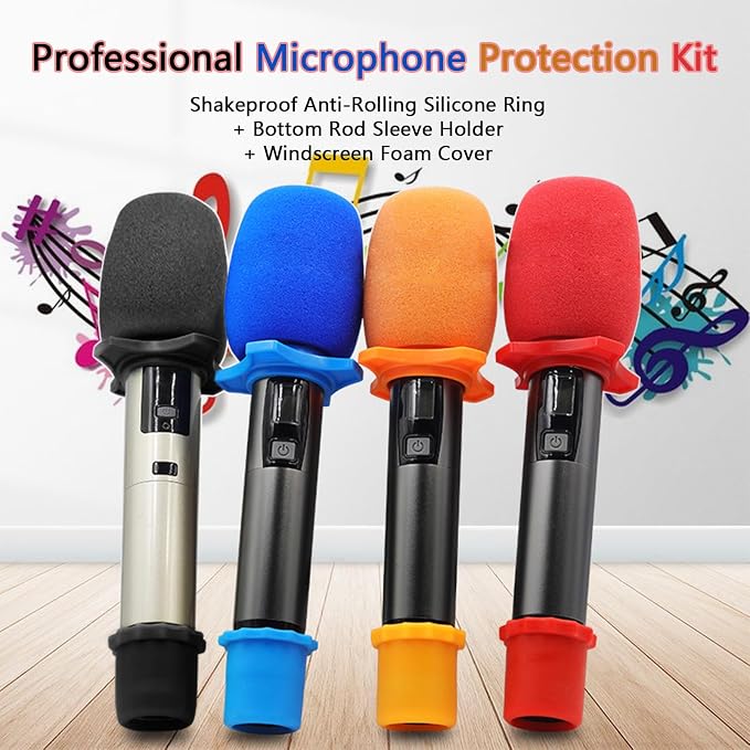 4-Set Blue Handheld Mic Protection Kit Silicone Ring Windscreen | anti-roll drop guard, ktv karaoke stage , wireless dynamic mic fit, foam windpop filter cover, bottom rod sleeve included - Image 3