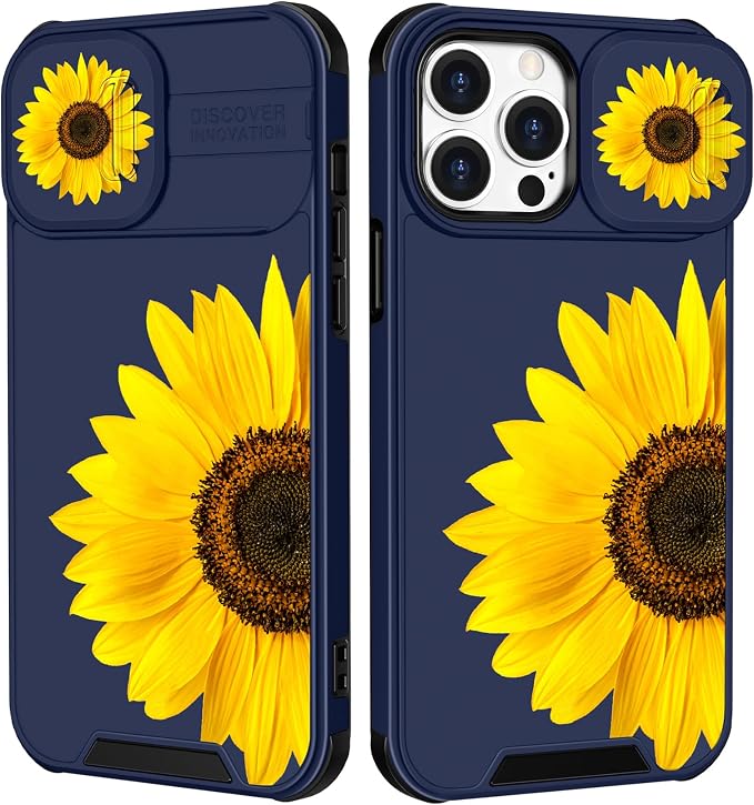 (2in1 for iPhone 15 Pro Max Case Sunflower Floral Women Cute Cover Girly Sun Flowers Pretty Blue Design with Slide Camera Cover Protective Stand Holder for iPhone 15 Pro Max Phone case 6.7'' by Goocrux