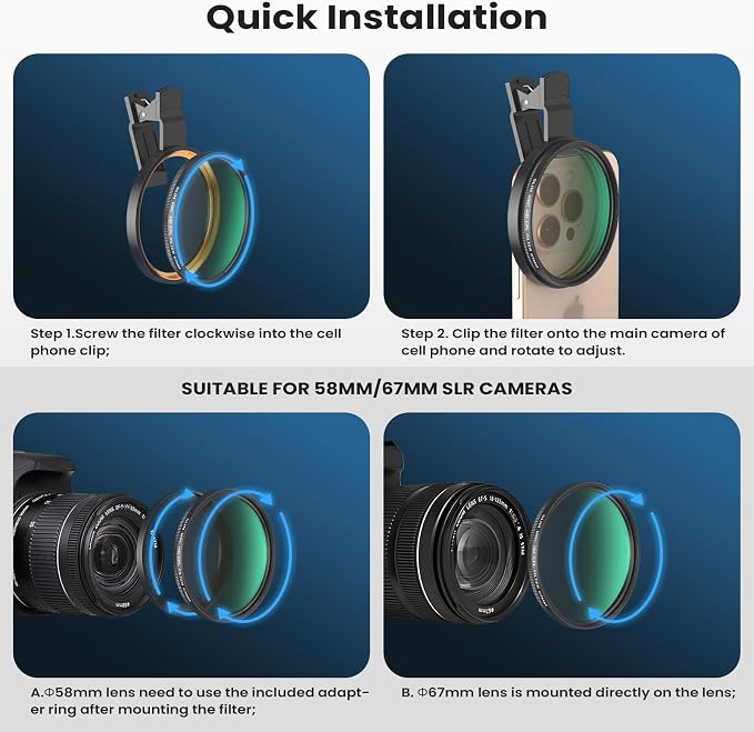 67mm CPL Filter for Phone/DSLR, HD Circular Polarizing Filter | FMC-Coated Lens Attachment with Universal Clip & 58-67mm Camera Adapter Ring for iPhone 17/16/15/14/13/12 & Samsung - Image 6