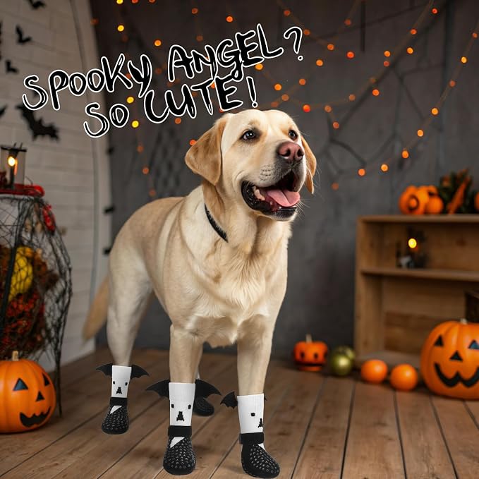 EXPAWLORER Halloween Anti Slip Dog Socks to Prevent Licking Paws, Boots & Paw Protectors with Grippers,Doggie Booties for Hardwood Floors for Small Medium Large Senior Dogs Costume White Ghost Wings L - Image 2