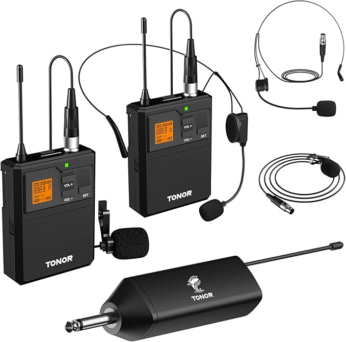 TONOR UHF Wireless Microphone System, 2 Sets Bodypack & Lavalier Mic | UHF Headset Lapel Mic, Rechargeable Receiver, 15 Channels 60 m/200ft Range 1/4" Output for Teaching, Recording ,Tour Guide by TONOR