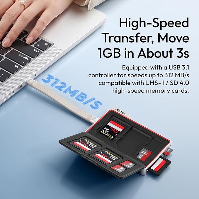 ULANZI DC01 Memory Card Case & USB-C Reader, 4 SD + 4 TF Slots | 312MB/s UHS-II, Dual-Slot Read, Aluminum Folder Magnetic Case with Lanyard Cable, 2.19oz Portable for Photographer - Image 4