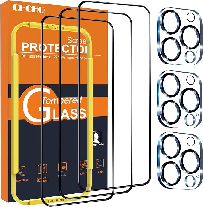 QHOHQ for iPhone 16 Pro Screen Protector + Camera Lens Protector, 3+3 Pack | [Military Grade Shatterproof], Top 9H+ Tempered Glass, Full Edge Coverage, Ultra Durable, with Easy Installation Tool by QHOHQ