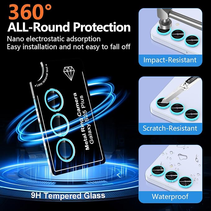 for Samsung Galaxy S25 Plus Camera Lens Protector, Individual Metal Ring Tempered Glass Lens Cover, [Strong Adsorption] Scratch Resistant Ultra-Thin HD Clear Lens Cover, 1 Set-Blue Shine - Image 4