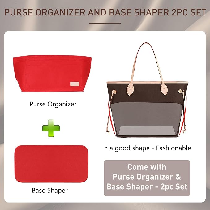 Doxo Purse Organizer Insert for Handbags & Base Shaper 2pc Set, Felt Neverfull PM Organizer Insert, Tote Bag Organizer with Zipper Pocket and Bottle Holder, Fit Neverfull PM and More, Red-M - Image 3