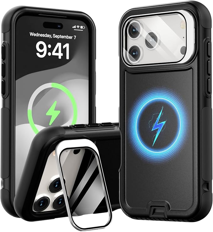 Follaroma Magnetic for iPhone 17 Pro Max Case with Camera Cover Stand,Black | Built-in Glass Camera Cover Stand,Compatible with MagSafe,Heavy Duty Shockproof Protective,Military-Grade Anti-DropDual Case by Follaroma