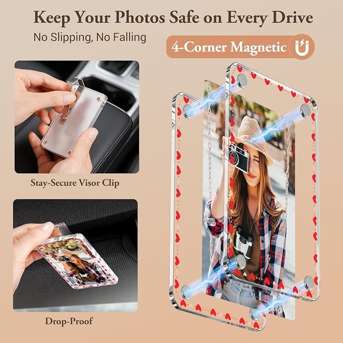 CoBak 2 Pack Acrylic Car Photo Holder, Magnetic Personalized Car Visor Clip, Car Accessories & Car Decor, Romantic Valentine's Day Gift for Family & Couples' Personal Photos, Love-3 - Image 4