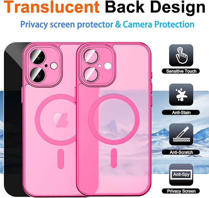 for iPhone 16 Plus Case with Privacy Screen Protector, Hot Pink | Full Camera Protection, Matte Translucent, Magnetic, Compatible with MagSafe, Shockproof Phone Cover for Women/Girls - Image 2