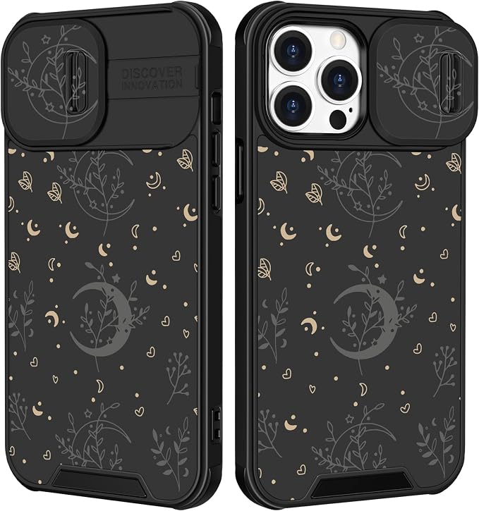 Case for iPhone 12 Pro Black | 2in1, Moon Plants, for Women Girls, Cute Phone Cover, Flower Heart Stars Space Design, with Slide Camera Cover, Protective, Fashion, Cases, 6.1'' by Goocrux