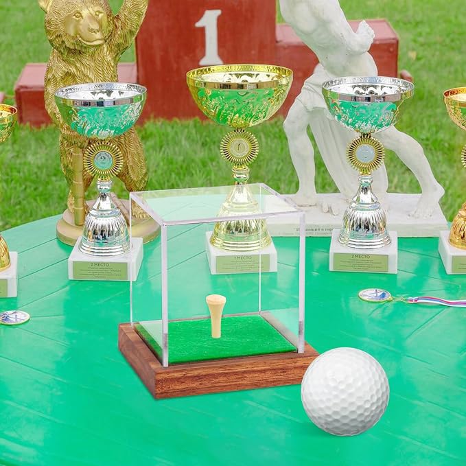 Clear Acrylic Golf Ball Display Case with Wood Base & Tee, Memorabilia Stand Cube Holder, Dust Protection Transparent Storage Box for Single Ball Souvenir Golfball Collections - Image 5