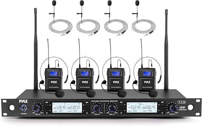 Pyle 4 Channel UHF Wireless Microphone System with 4 Lavalier & 4 Headset Mics, 300 Ft Range, Rack Mount Receiver for Conferences, Events & PA Systems by PyleUSA