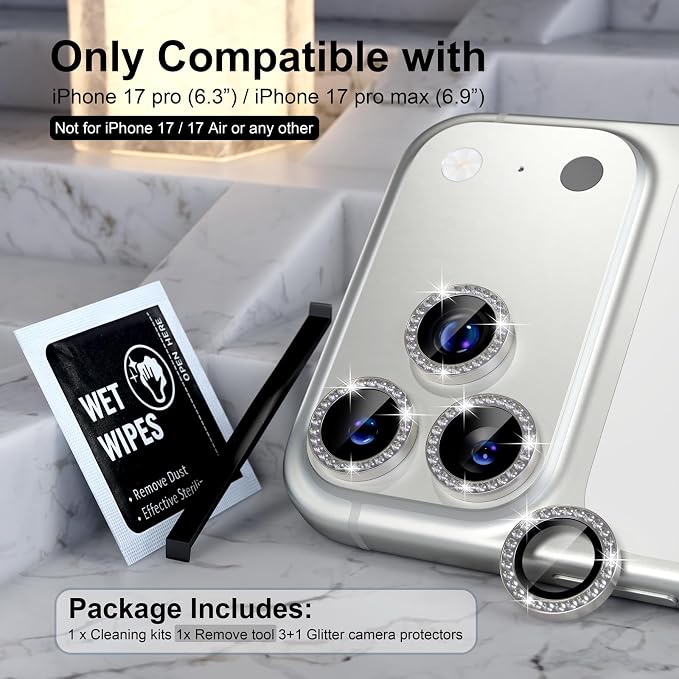 Choiche for iPhone 17 Pro/iPhone 17 Pro Max Camera Lens Protector | Ultra HD, Bling 9H Tempered Glass Camera Cover Screen Protector Metal Ring Decoration Accessories (Diamond-Titanium Natural) - Image 2