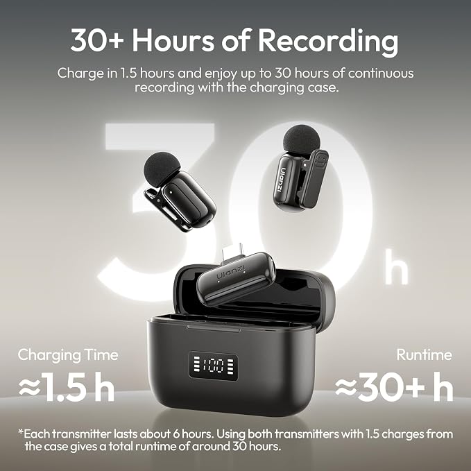 ULANZI A200 Mini Mic Wireless Lavalier Lapel Microphone for iPhone 17/16/15 Type-C, 48kHz/24-bit, Plug & Play, Smart Noise Cancelling, Digital Display, 30H Battery for Video Recording(White + Black) - Image 6