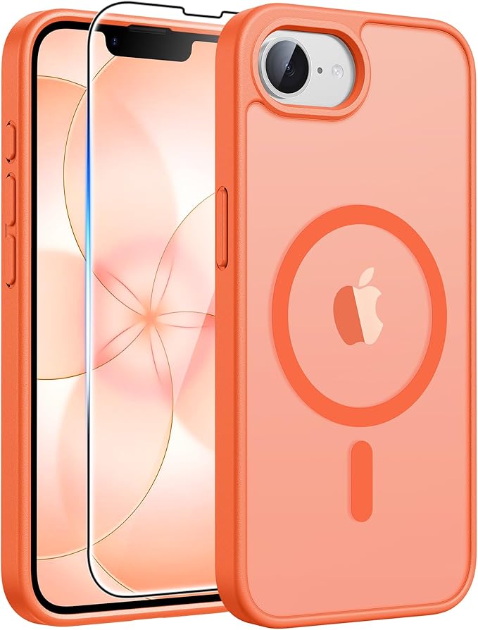 FNTCASE for iPhone 17e/ iPhone 16e Case, Fit for Magsafe, Screen Protector | Translucent Matte Magnetic Back, 14FT Military Grade Drop Protection, Shockproof Protective Phone Cover, Orange by FNTCASE