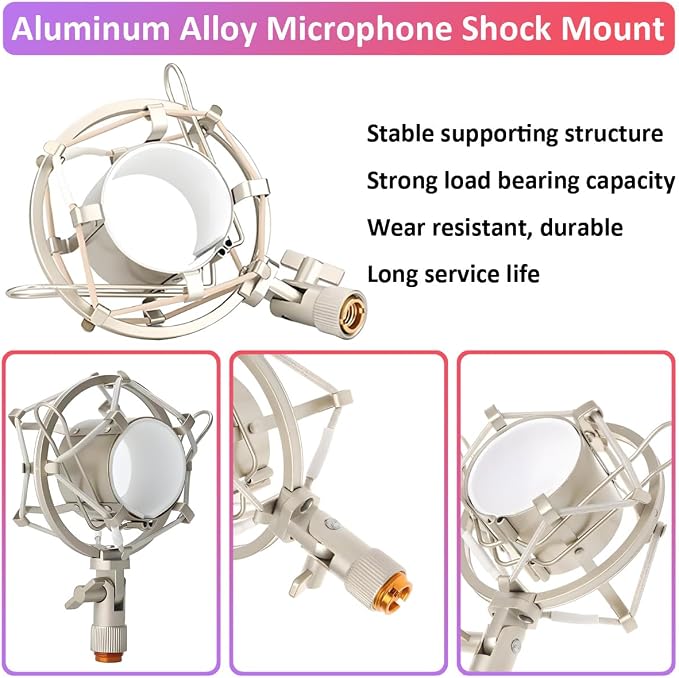 43-48mm Microphone Shock Mount Anti Vibration Mic Suspension Mount Aluminum Alloy Condenser Microphones Holder Clip with Metal Screw Adapter Isolation Absorber Studio Silver - Image 2