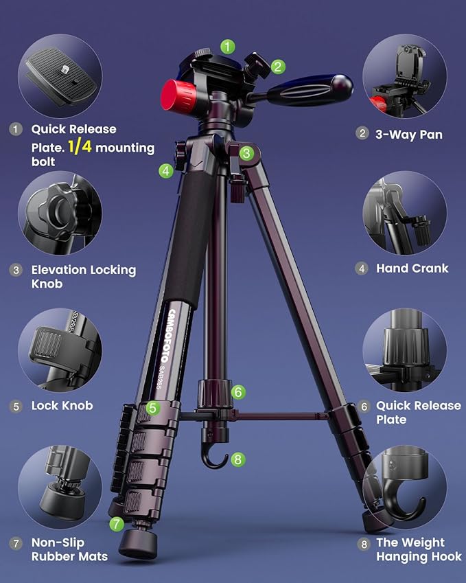 CAMBOFOTO 74"-Camera-Tripod, Porfessional Aluminum Heavy Duty Tripod Stand for Mirrorless Camera/DSLR/Cell Phone/Camcorder, with Holder and Travel Bag (Pack of 3) - Image 6