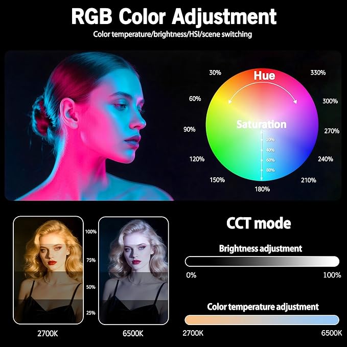NiceVeedi 2-Pack RGB Photography Lighting with 20 Effects, 40W/360° Full Color/2700-6500K Studio Lights with Remote & Display, Video Light for Video Recording/Photography/Streaming/YouTube/TikTok - Image 3