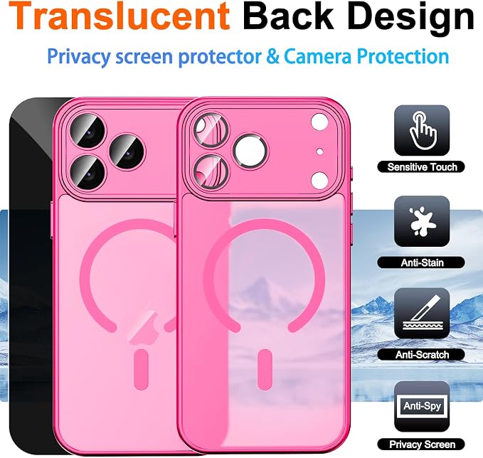 for iPhone 17 Pro Max Case with Privacy Screen Protector, Hot Pink | Full Camera Protection, Compatible with MagSafe, Magnetic Matte Shockproof Phone Cover for iPhone 17 Pro Max Women/Girls - Image 2