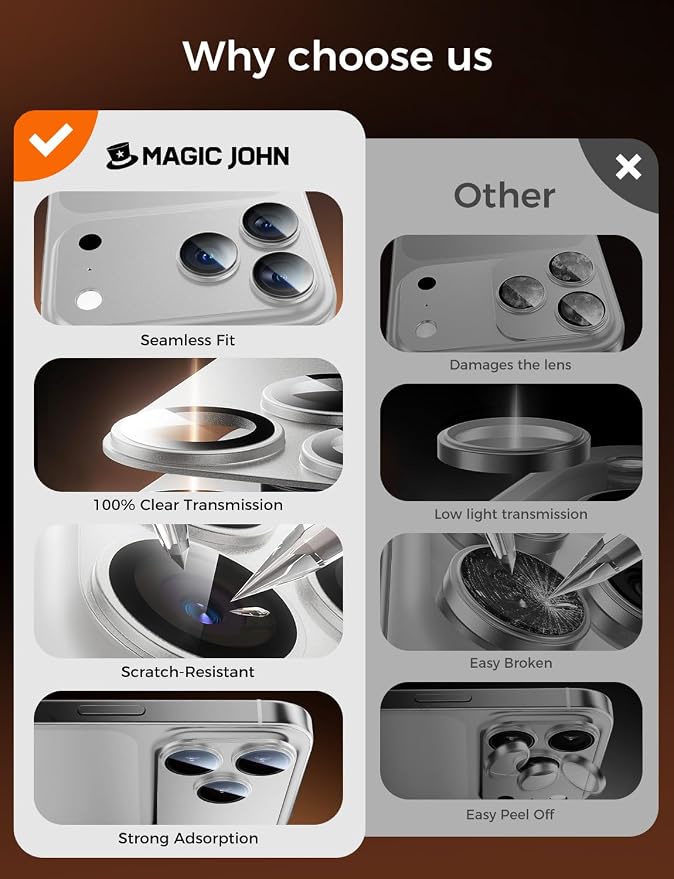 MAGIC JOHN 2 Pack Camera Lens Protector for iPhone 17 Pro Max 6.9” Sliver | Full Coverage, Metal Aluminum Alloy Camera Lens Film, HD Clear, Scratch Resistant, Case-Friendly - Image 6