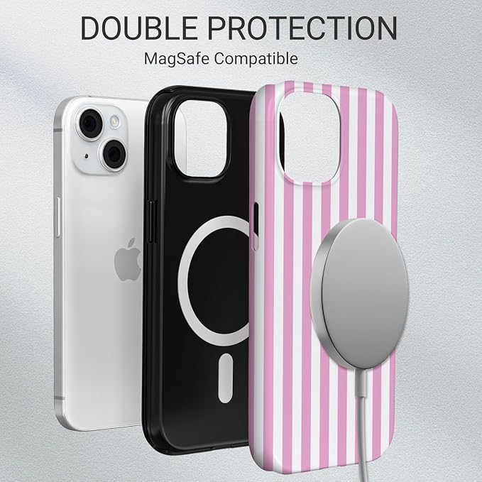 TPU Phone Case for iPhone 15, MagSafe Wireless Charging Compatible, Shockproof Slim Fit Protective Cover with Anti-Yellowing & Raised Camera Protection (Pink Stripe, iPhone 15) - Image 6