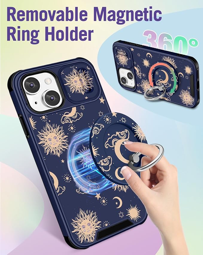 Buleens for iPhone 15 Plus Case 6.7 Inch - with Ring Stand & Camera Cover Aesthetic Cute Designed for Women Girls Sun Moon Stars for iPhone 15 Plus Phone Case Compatible with Magsafe - Image 5