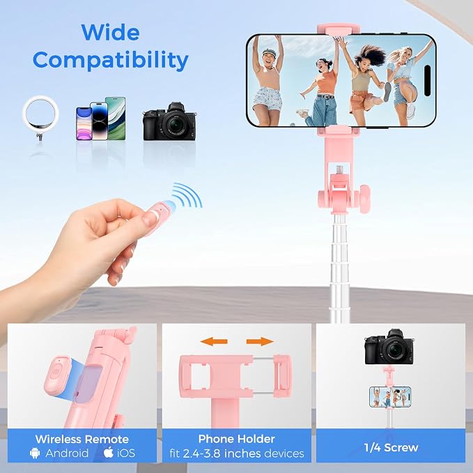 Selfie Stick Tripod for Phone with Remote Control & Holder, 50 Inch, Pink | Extendable Selfie Stick Travel for iPhone, iPhone Tripod for Video Recording - Image 6