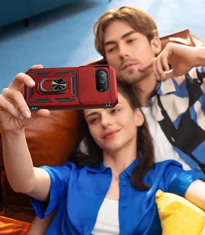 Taisairu for Google Pixel 9A Case with Screen Protector & Slide Camera Lens Cover, Built-in 360°Rotate Magnetic Ring Stand Shockproof Protective Phone Case for Google Pixel 9A Case (Red) - Image 8