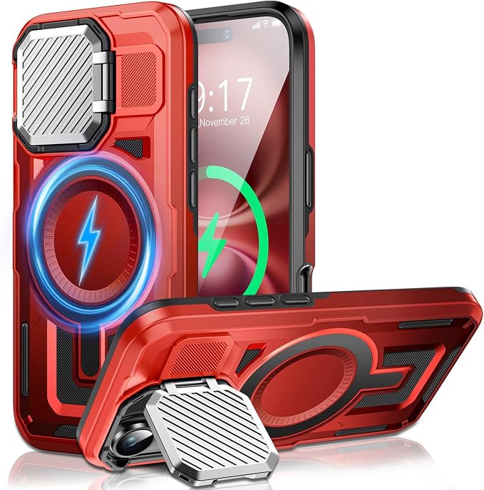 Camera Stand Case for iPhone 16, [Compatible with MagSafe] [Lens Cover] 2024 Version Military Grade Protective Soft Case for iPhone 16 6.1 inch Men Women, Red by WASTROYAL