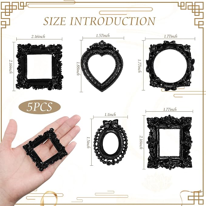Vicenpal 10 Pcs Black Mini Vintage Picture Frames Bulk | Small Vintage Photo Frames, Antique, Resin, Baroque, Ornate, Cute Wallet Size, for DIY Jewelry Gifts Christmas Wedding Decor - Image 3