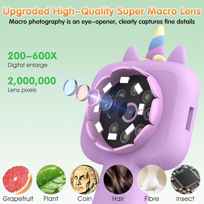 Kids Microscope, 2.4" Screen Handheld Digital Microscope 600X with 4K Camera & 8 LED Lights, Portable Pocket Microscope for Bugs Plants Nature Exploration, STEM Science Toy Gift Ages 3-12（Purple） - Image 3