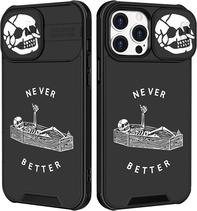 (2in1 for iPhone 15 Pro Max Case Skull Skeleton Boys Goth Cover Cute Fun Gothic Black Spooky Cool Design with Slide Camera Cover Protective Stand Holder for iPhone 15 Pro Max Phone case 6.7'' by Goocrux