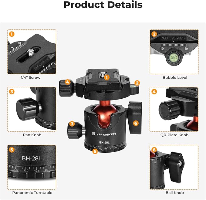 K&F CONCEPT Professional 28mm Metal Tripod Ball Head 360 Degree Rotating Panoramic with 1/4 inch Quick Release Plate Bubble Level for Tripod Monopod Slider Camera Camcorder up to 22 pounds - Image 3
