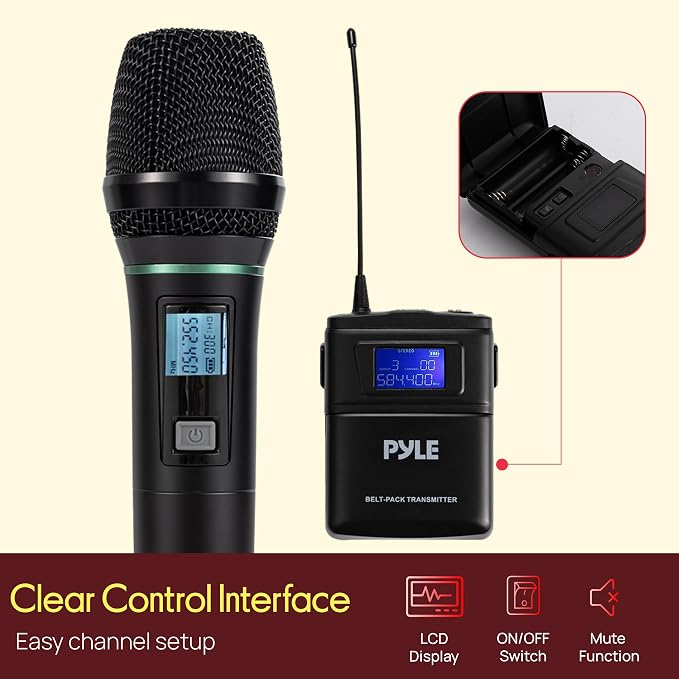 Pyle 4 Channel UHF Wireless Microphone System with 2 Handheld Mics, 2 Lavalier 2 Headsets & Beltpack Transmitters, 300ft Range, Rack Mount Receiver for Church, Meetings, DJ & PA Systems - Image 6