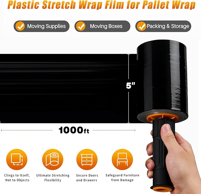 Black Stretch Film Shrink Wrap for Moving Supplies (5inch, 2 Pack) x 1000ft, Industrial Strength Plastic Wrap Stretch Roll for Pallet Wrapping Shipping Moving Boxes Storage Furniture with Handles - Image 4