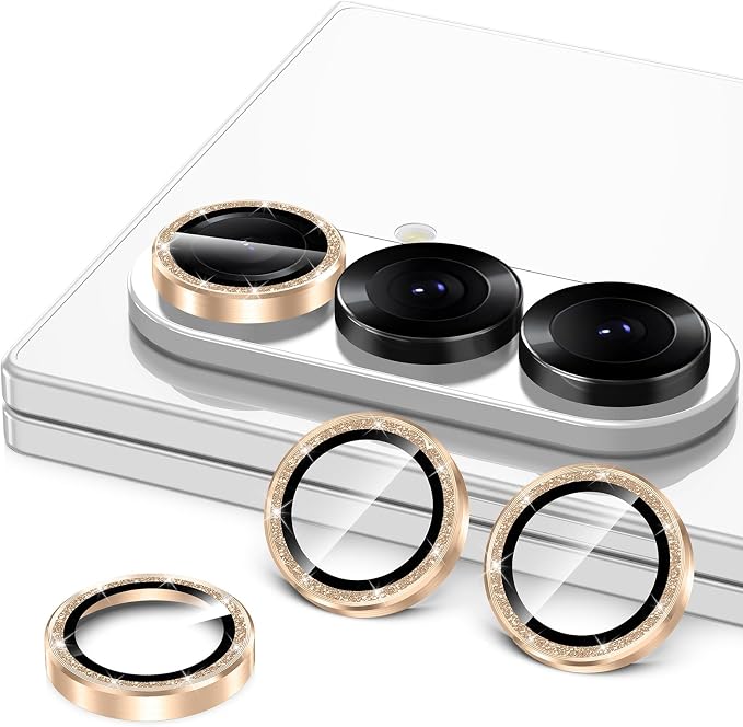for Samsung Galaxy Z Fold 7 Camera Lens Protector, Individual Metal Ring Tempered Glass Lens Cover, [Strong Adsorption] Scratch Resistant Ultra-Thin HD Clear Lens Cover, 1 Set-Gold Sparkly - Image 2