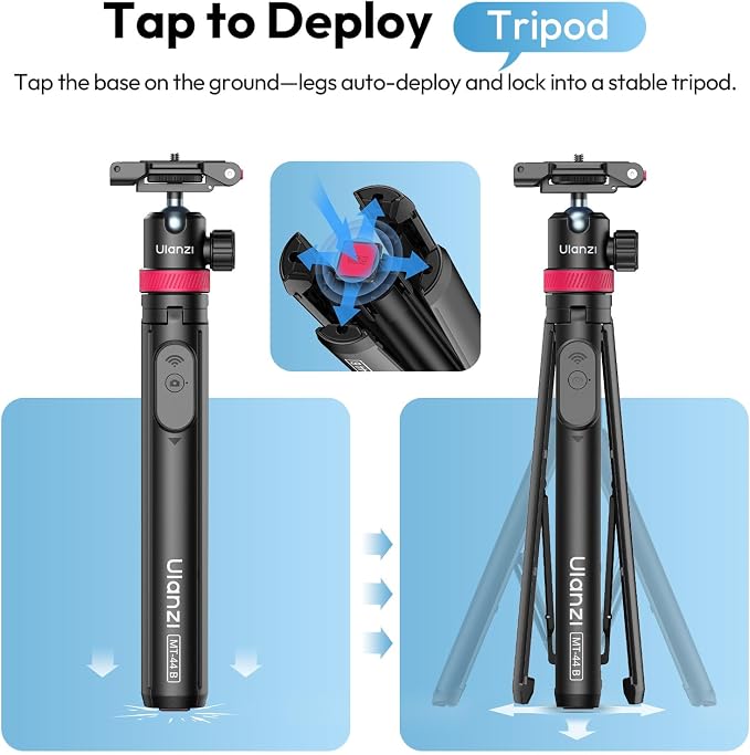 ULANZI MT-44B Phone Tripod, 59'' Auto Open Phone Stand Dual Camera Set up | 360° Ball Head, Extendable Selfie Stick w Cold Shoe, Stable Four-Leg for Filming Vlog Travel, Family Gatherings - Image 3