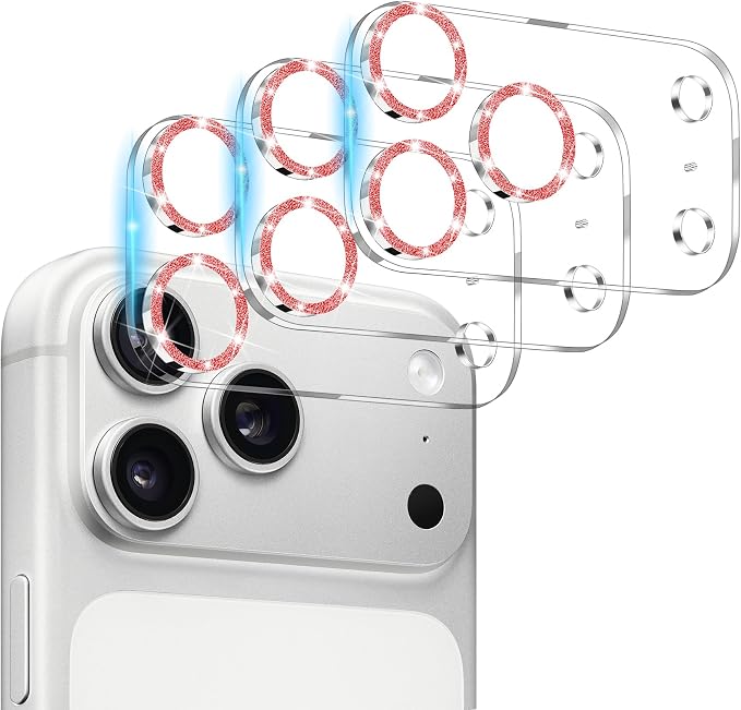 Dengduoduo 3 Pack Camera Lens Protector for iPhone 17 Pro Max, Tempered Glass, Ultra HD, 9H Hardness, Anti-Scratch, Case Friendly,[No Affect on Night Shots], Glitter Red by Dengduoduo